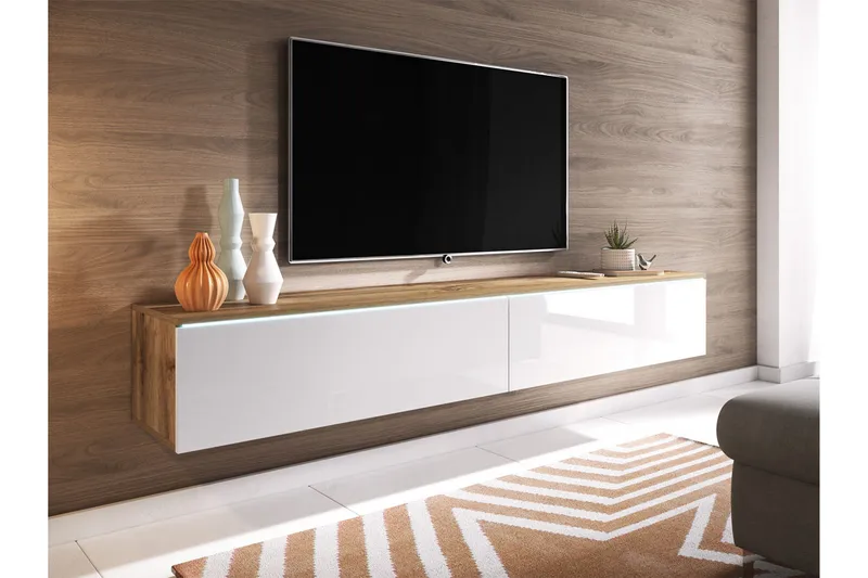 Cuguen TV-Bord 180 cm LED-belysning - Træ/natur | Hvid | Hvid LED - Møbler - TV borde & mediemøbler - TV-borde