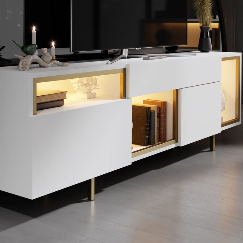 Denvar TV-bænk 180x55x32 cm - hvid/guld - Møbler - TV borde & mediemøbler - TV-borde