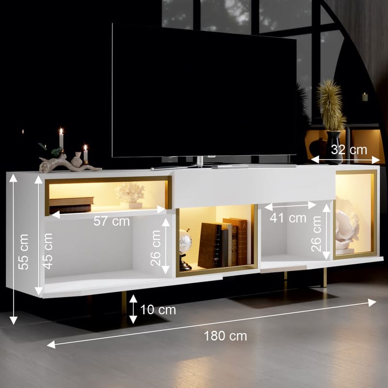 Denvar TV-bænk 180x55x32 cm - hvid/guld - Møbler - TV borde & mediemøbler - TV-borde