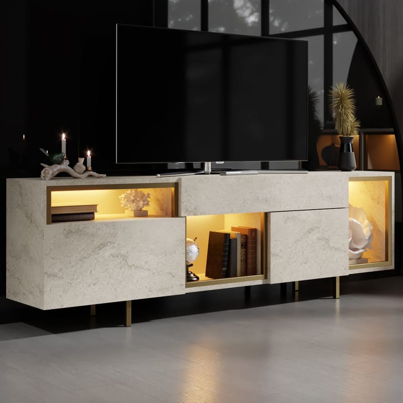 Denvar TV-bænk 180x55x32 cm - travertin og guld - Møbler - TV borde & mediemøbler - TV-borde