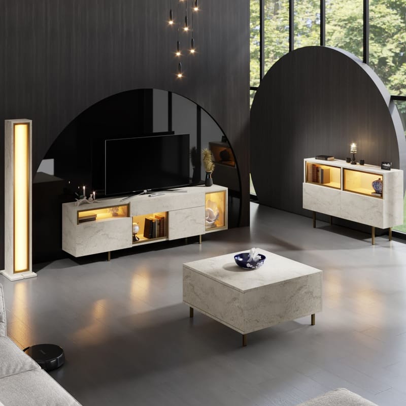 Denvar TV-bænk 180x55x32 cm - travertin og guld - Møbler - TV borde & mediemøbler - TV-borde