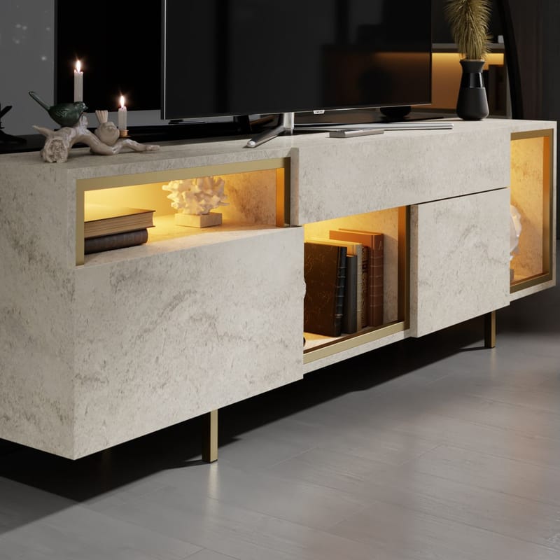 Denvar TV-bænk 180x55x32 cm - travertin og guld - Møbler - TV borde & mediemøbler - TV-borde