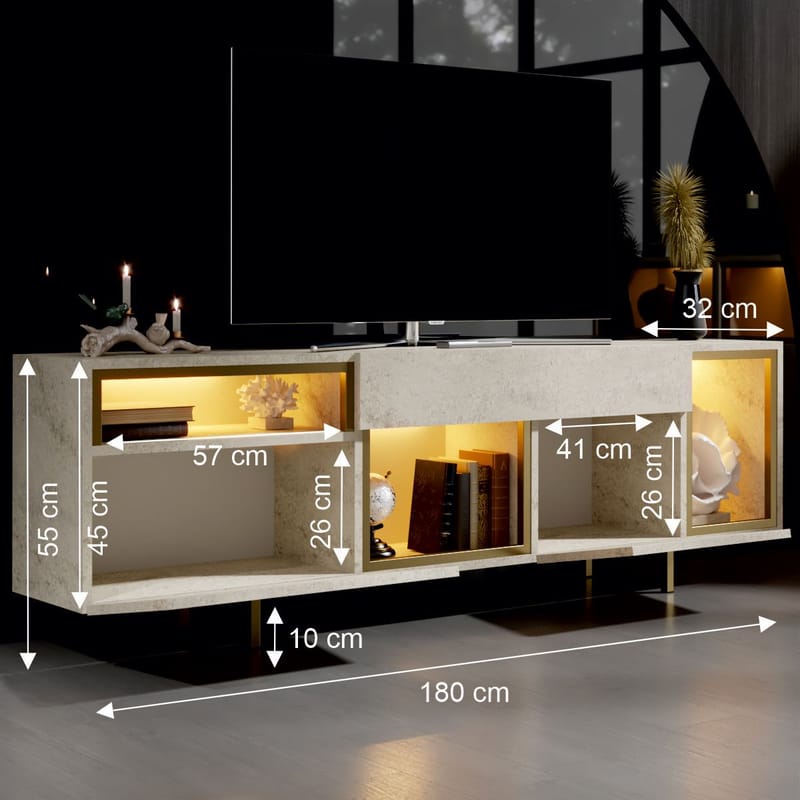 Denvar TV-bænk 180x55x32 cm - travertin og guld - Møbler - TV borde & mediemøbler - TV-borde