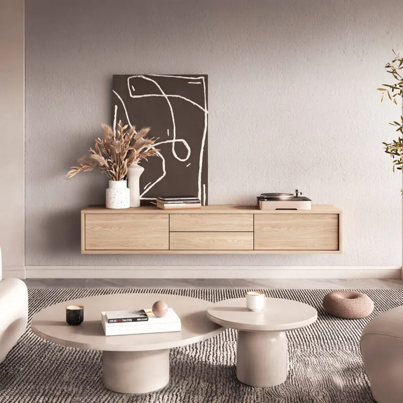 Flydende TV-stander Frida 2 Klapper med 2 Skuffer Op - Oliebehandlet eg - Møbler - TV borde & mediemøbler - TV-borde