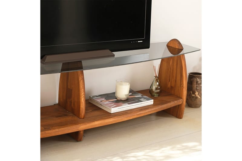 Guinn Fritstående Tv-bord 160 cm med Opbevaring i Træ med Glasplade - Brun - Møbler - TV borde & mediemøbler - TV-borde