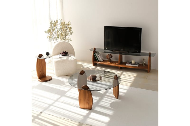Guinn Fritstående Tv-bord 160 cm med Opbevaring i Træ med Glasplade - Brun - Møbler - TV borde & mediemøbler - TV-borde