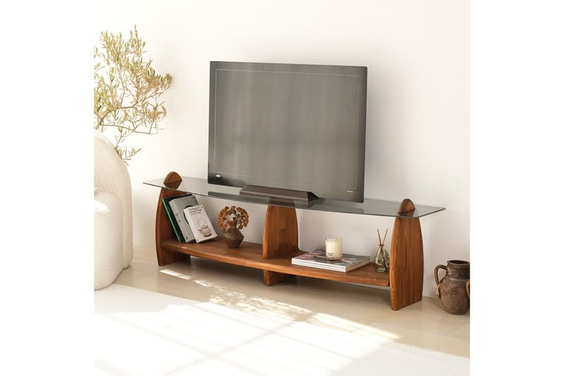 Guinn Fritstående Tv-bord 160 cm med Opbevaring i Træ med Glasplade - Brun - Møbler - TV borde & mediemøbler - TV-borde