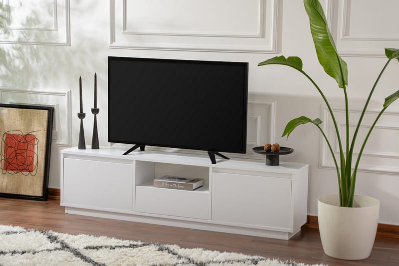 Gulliver Gulvstående Tv Bænk 160 cm med Opbevaring i Malet Træ - Hvid - Møbler - TV borde & mediemøbler - TV-borde