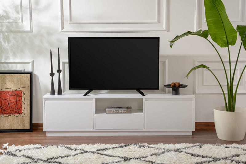 Gulliver Gulvstående Tv Bænk 160 cm med Opbevaring i Malet Træ - Hvid - Møbler - TV borde & mediemøbler - TV-borde
