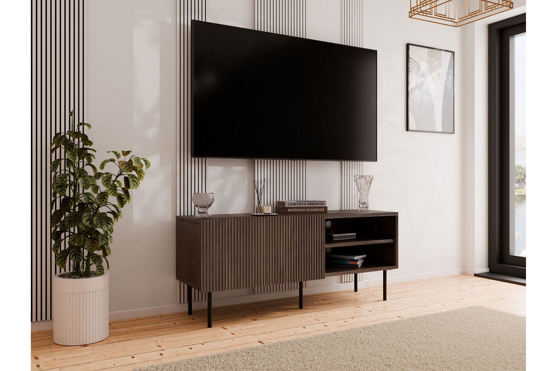 Hammarstrand Rillet TV-bænk mørkt træ med opbevaring – 42 cm dyb, 150 cm bred, 58 cm høj - Valnød - Møbler - TV borde & mediemøbler - TV-borde