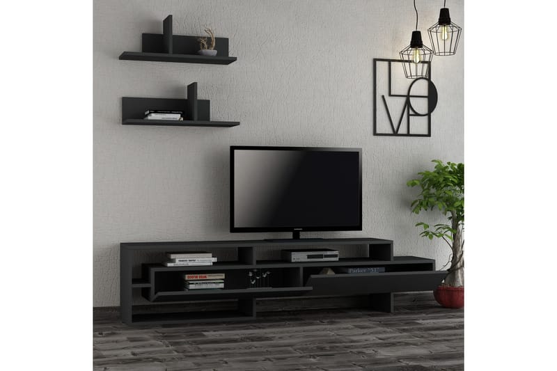 Homitis TV-bænk med væghylder - Mørkegrå - Tv-møbelsæt
