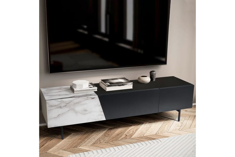 Lavbord Wohnling moderne spånplade, 1 skuffe og 1 klaplåge, metalben, moderne stil Sort, Marmormedhvid - Sort, Marmormedhvid - Møbler - TV borde & mediemøbler - Mediestativ & vægbeslag