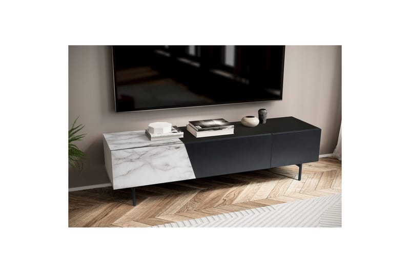 Lavbord Wohnling moderne spånplade, 1 skuffe og 1 klaplåge, metalben, moderne stil Sort, Marmormedhvid - Sort, Marmormedhvid - Møbler - TV borde & mediemøbler - Mediestativ & vægbeslag