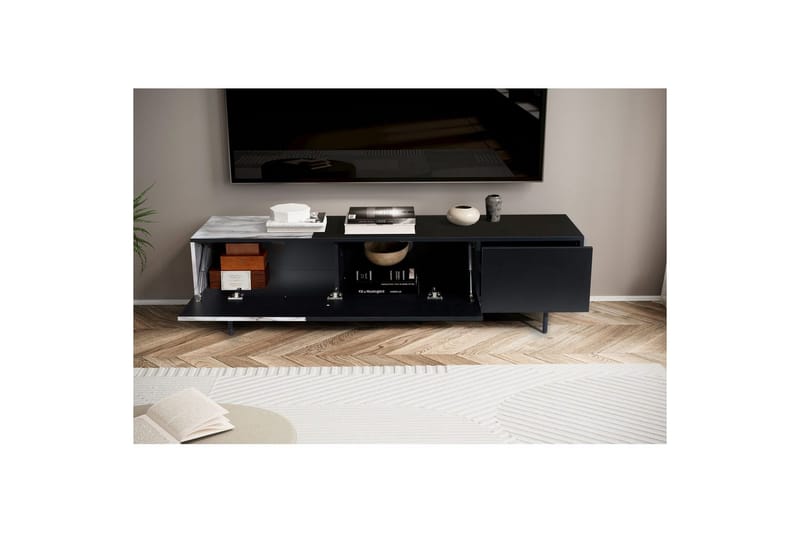 Lavbord Wohnling moderne spånplade, 1 skuffe og 1 klaplåge, metalben, moderne stil Sort, Marmormedhvid - Sort, Marmormedhvid - Møbler - TV borde & mediemøbler - Mediestativ & vægbeslag