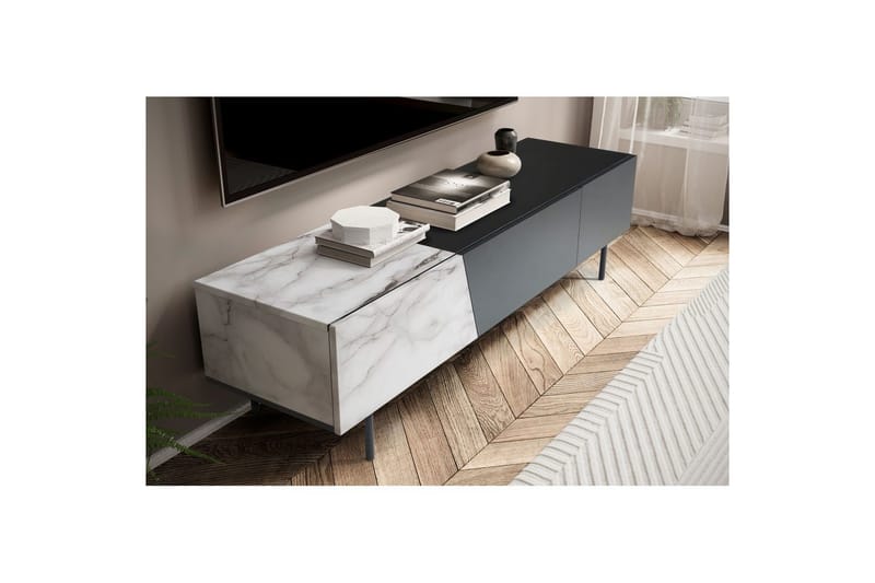 Lavbord Wohnling moderne spånplade, 1 skuffe og 1 klaplåge, metalben, moderne stil Sort, Marmormedhvid - Sort, Marmormedhvid - Møbler - TV borde & mediemøbler - Mediestativ & vægbeslag