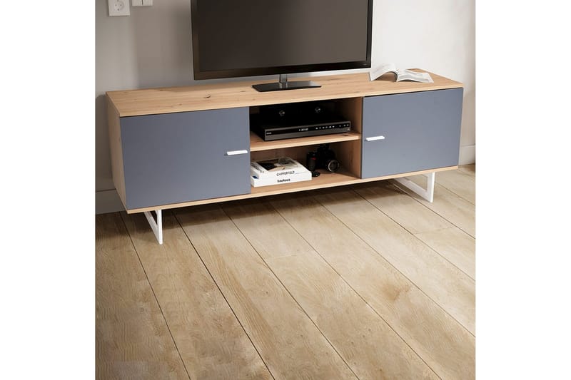 Lavbord Wohnling moderne spånplade, 2 døre, opbevaringsbakker, metalben, moderne stil Eg, Grå - Eg, Grå - Møbler - TV borde & mediemøbler - TV-skab