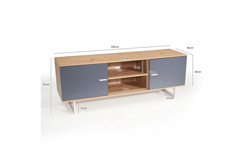 Lavbord Wohnling moderne spånplade, 2 døre, opbevaringsbakker, metalben, moderne stil Eg, Grå - Eg, Grå - Møbler - TV borde & mediemøbler - TV-skab