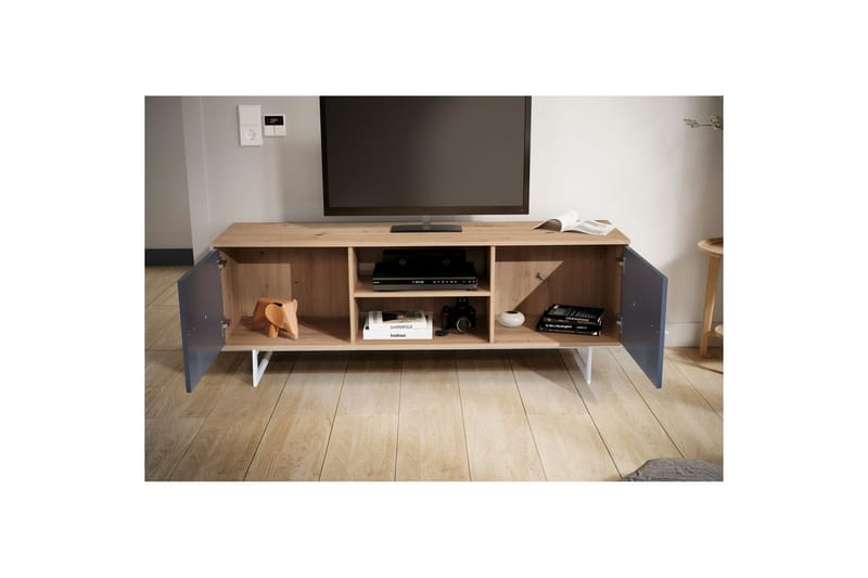 Lavbord Wohnling moderne spånplade, 2 døre, opbevaringsbakker, metalben, moderne stil Eg, Grå - Eg, Grå - Møbler - TV borde & mediemøbler - TV-skab