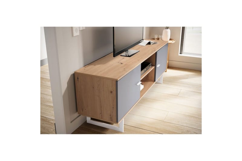 Lavbord Wohnling moderne spånplade, 2 døre, opbevaringsbakker, metalben, moderne stil Eg, Grå - Eg, Grå - Møbler - TV borde & mediemøbler - TV-skab