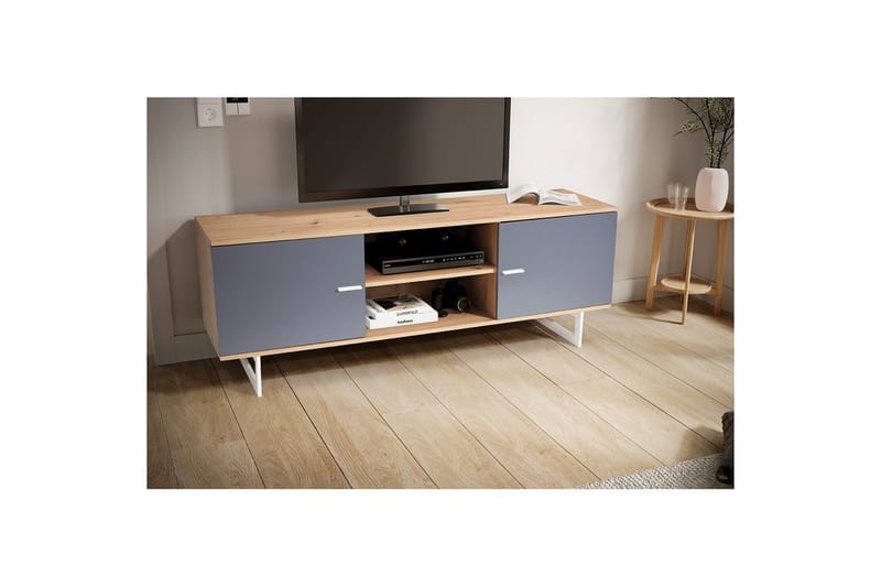 Lavbord Wohnling moderne spånplade, 2 døre, opbevaringsbakker, metalben, moderne stil Eg, Grå - Eg, Grå - Møbler - TV borde & mediemøbler - TV-skab