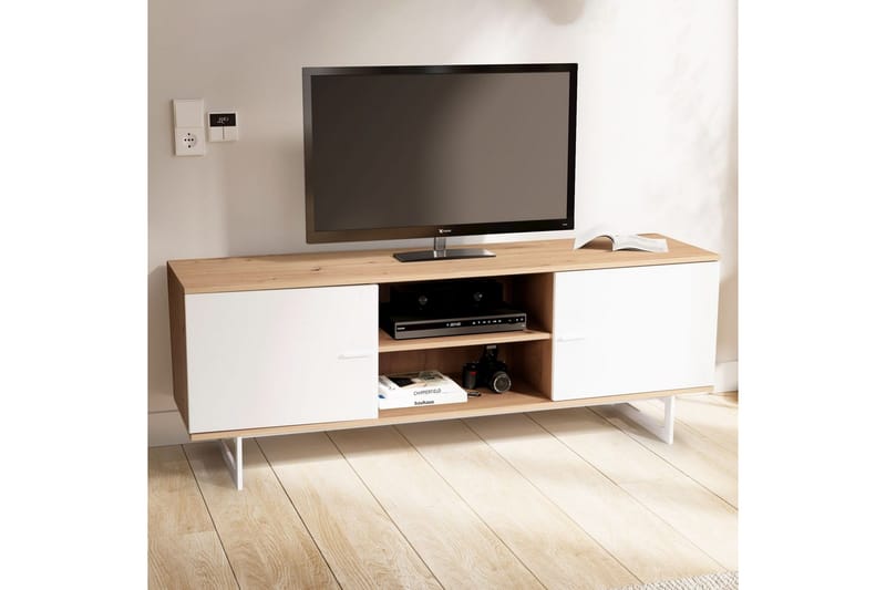 Lavbord Wohnling moderne spånplade, 2 døre, opbevaringsbakker, metalben, moderne stil Eg, Hvid - Eg, Hvid - Møbler - TV borde & mediemøbler - TV-skab