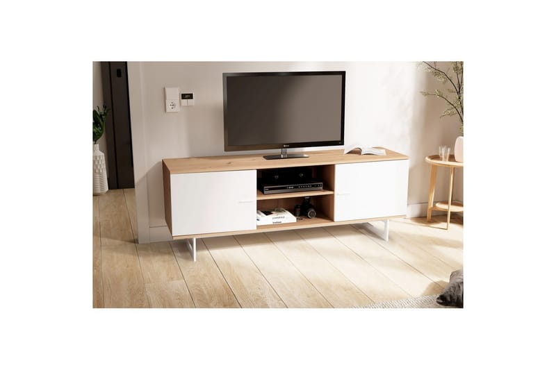 Lavbord Wohnling moderne spånplade, 2 døre, opbevaringsbakker, metalben, moderne stil Eg, Hvid - Eg, Hvid - Møbler - TV borde & mediemøbler - TV-skab