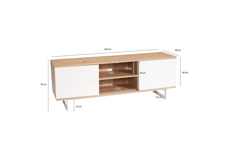 Lavbord Wohnling moderne spånplade, 2 døre, opbevaringsbakker, metalben, moderne stil Eg, Hvid - Eg, Hvid - Møbler - TV borde & mediemøbler - TV-skab