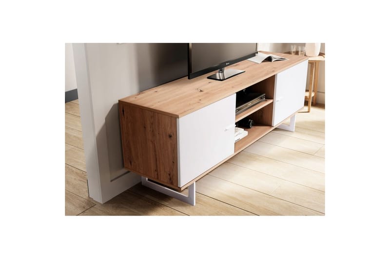 Lavbord Wohnling moderne spånplade, 2 døre, opbevaringsbakker, metalben, moderne stil Eg, Hvid - Eg, Hvid - Møbler - TV borde & mediemøbler - TV-skab