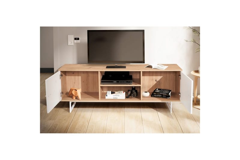 Lavbord Wohnling moderne spånplade, 2 døre, opbevaringsbakker, metalben, moderne stil Eg, Hvid - Eg, Hvid - Møbler - TV borde & mediemøbler - TV-skab
