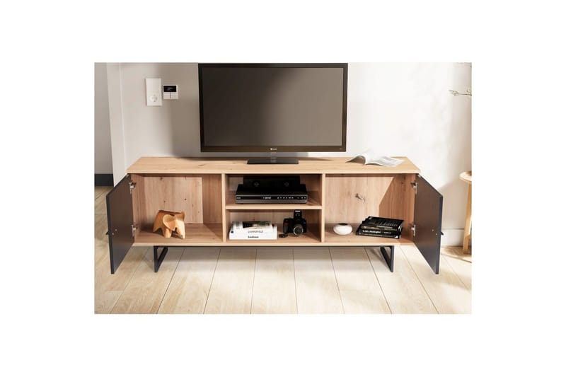 Lavbord Wohnling moderne spånplade, 2 døre, opbevaringsbakker, metalben, moderne stil Eg, Sort - Eg, Sort - Møbler - TV borde & mediemøbler - TV-skab