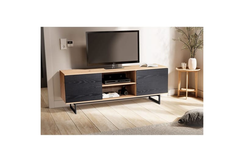 Lavbord Wohnling moderne spånplade, 2 døre, opbevaringsbakker, metalben, moderne stil Eg, Sort - Eg, Sort - Møbler - TV borde & mediemøbler - TV-skab