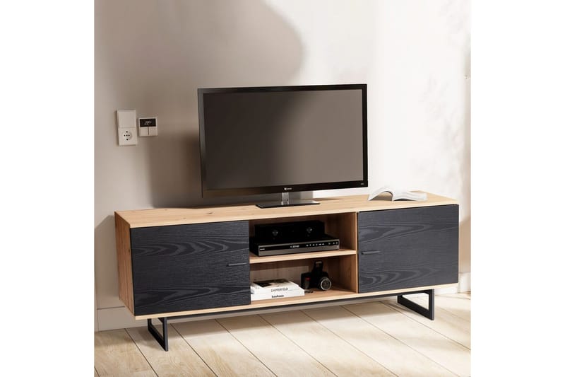 Lavbord Wohnling moderne spånplade, 2 døre, opbevaringsbakker, metalben, moderne stil Eg, Sort - Eg, Sort - Møbler - TV borde & mediemøbler - TV-skab