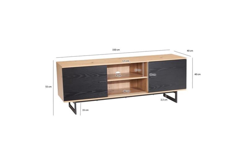 Lavbord Wohnling moderne spånplade, 2 døre, opbevaringsbakker, metalben, moderne stil Eg, Sort - Eg, Sort - Møbler - TV borde & mediemøbler - TV-skab