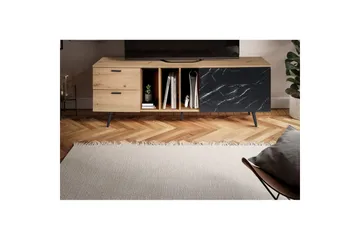 Lavbord Wohnling moderne spånplade, 2 skuffer, 1 dør, opbevaringsbakker, metalben, moderne stil Eg, Marmor, Sort - Eg, Marmor, Sort - Møbler - TV borde & mediemøbler - TV-borde