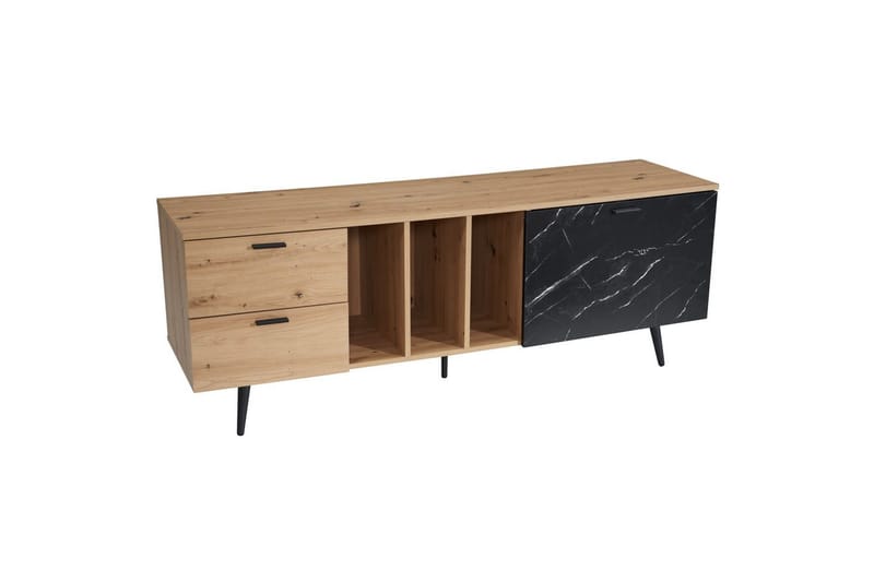 Lavbord Wohnling moderne spånplade, 2 skuffer, 1 dør, opbevaringsbakker, metalben, moderne stil Eg, Marmor, Sort - Eg, Marmor, Sort - Møbler - TV borde & mediemøbler - Mediestativ & vægbeslag
