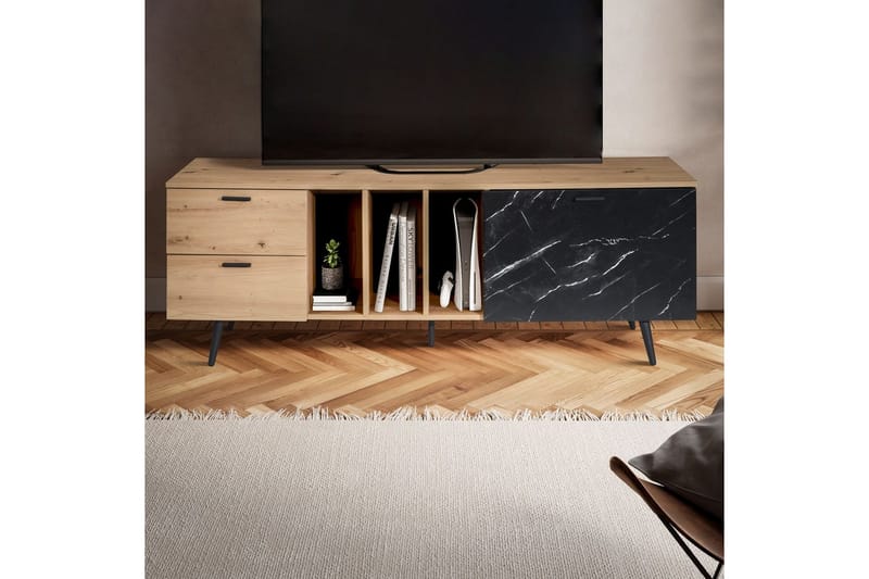 Lavbord Wohnling moderne spånplade, 2 skuffer, 1 dør, opbevaringsbakker, metalben, moderne stil Eg, Marmor, Sort - Eg, Marmor, Sort - Møbler - TV borde & mediemøbler - Mediestativ & vægbeslag