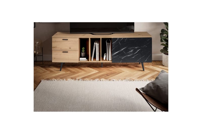 Lavbord Wohnling moderne spånplade, 2 skuffer, 1 dør, opbevaringsbakker, metalben, moderne stil Eg, Marmor, Sort - Eg, Marmor, Sort - Møbler - TV borde & mediemøbler - Mediestativ & vægbeslag