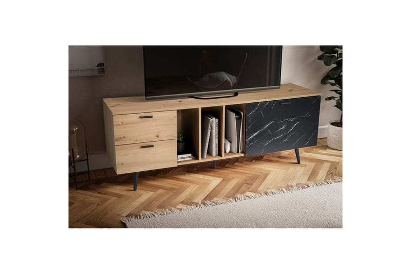 Lavbord Wohnling moderne spånplade, 2 skuffer, 1 dør, opbevaringsbakker, metalben, moderne stil Eg, Marmor, Sort - Eg, Marmor, Sort - Møbler - TV borde & mediemøbler - Mediestativ & vægbeslag