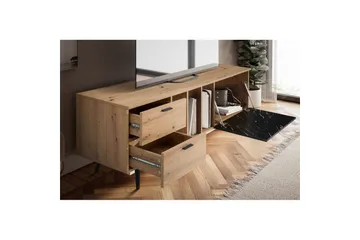 Lavbord Wohnling moderne spånplade, 2 skuffer, 1 dør, opbevaringsbakker, metalben, moderne stil Eg, Marmor, Sort - Eg, Marmor, Sort - Møbler - TV borde & mediemøbler - TV-borde