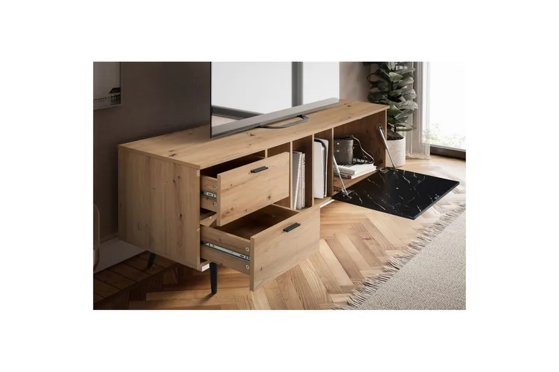 Lavbord Wohnling moderne spånplade, 2 skuffer, 1 dør, opbevaringsbakker, metalben, moderne stil Eg, Marmor, Sort - Eg, Marmor, Sort - Møbler - TV borde & mediemøbler - TV-borde