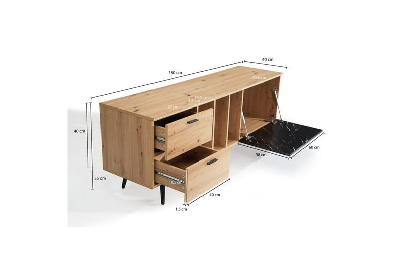 Lavbord Wohnling moderne spånplade, 2 skuffer, 1 dør, opbevaringsbakker, metalben, moderne stil Eg, Marmor, Sort - Eg, Marmor, Sort - Møbler - TV borde & mediemøbler - TV-borde