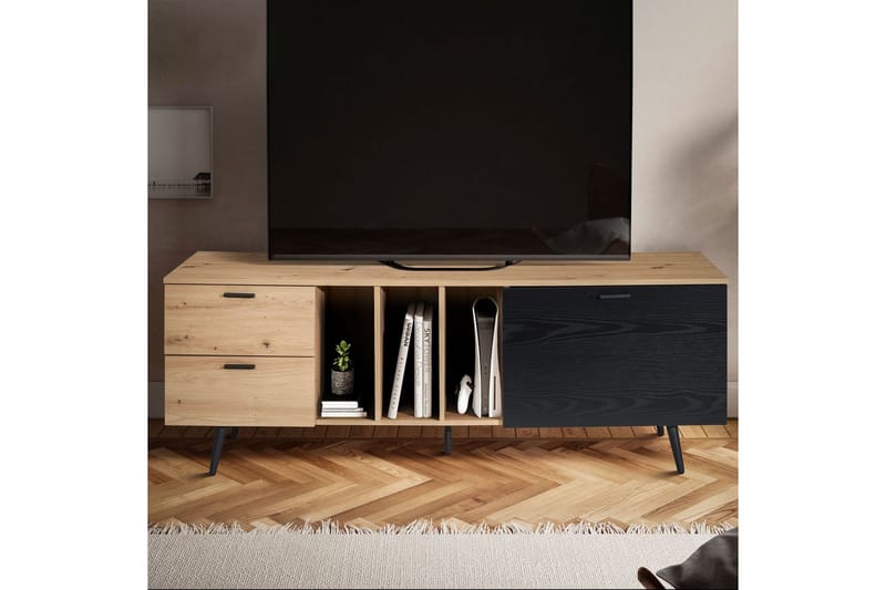 Lavbord Wohnling moderne spånplade, 2 skuffer, 1 dør, opbevaringsbakker, metalben, moderne stil Eg - Eg - Møbler - TV borde & mediemøbler - Mediestativ & vægbeslag