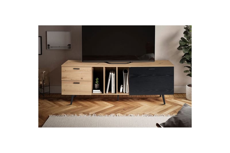 Lavbord Wohnling moderne spånplade, 2 skuffer, 1 dør, opbevaringsbakker, metalben, moderne stil Eg - Eg - Møbler - TV borde & mediemøbler - Mediestativ & vægbeslag