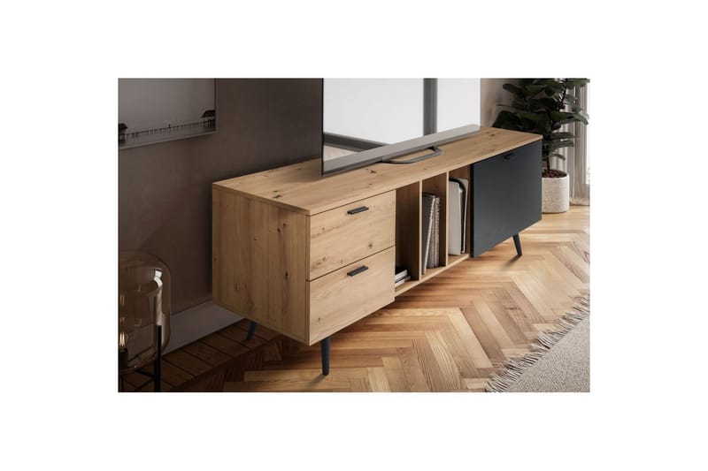 Lavbord Wohnling moderne spånplade, 2 skuffer, 1 dør, opbevaringsbakker, metalben, moderne stil Eg - Eg - Møbler - TV borde & mediemøbler - Mediestativ & vægbeslag