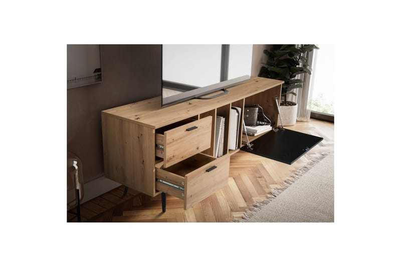 Lavbord Wohnling moderne spånplade, 2 skuffer, 1 dør, opbevaringsbakker, metalben, moderne stil Eg - Eg - Møbler - TV borde & mediemøbler - Mediestativ & vægbeslag