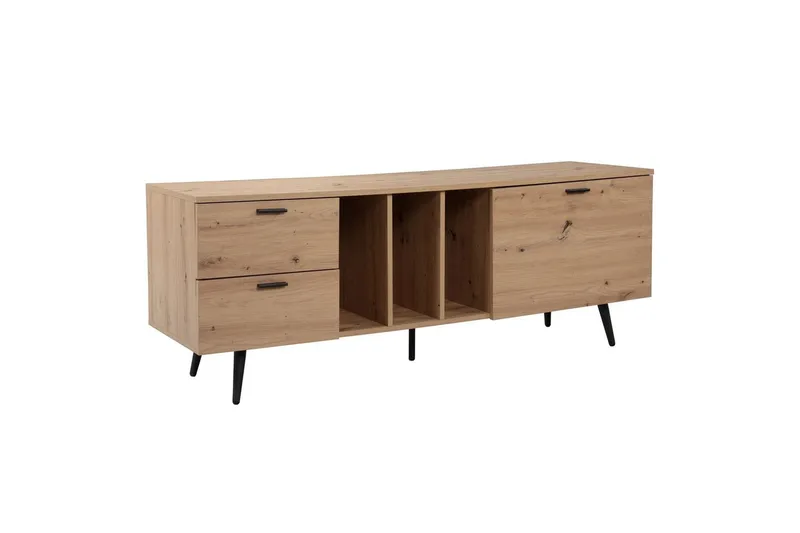 Lavbord Wohnling moderne spånplade, 2 skuffer, 1 dør, opbevaringsbakker, metalben, moderne stil Sort, Eg - Sort, Eg - Møbler - TV borde & mediemøbler - TV-borde