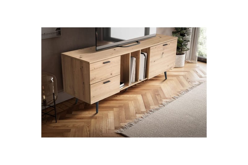 Lavbord Wohnling moderne spånplade, 2 skuffer, 1 dør, opbevaringsbakker, metalben, moderne stil Sort, Eg - Sort, Eg - Møbler - TV borde & mediemøbler - TV-borde