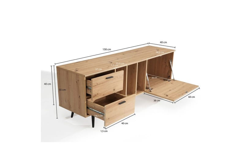 Lavbord Wohnling moderne spånplade, 2 skuffer, 1 dør, opbevaringsbakker, metalben, moderne stil Sort, Eg - Sort, Eg - Møbler - TV borde & mediemøbler - TV-borde