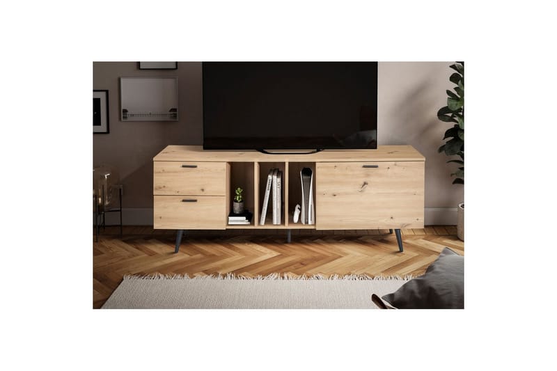 Lavbord Wohnling moderne spånplade, 2 skuffer, 1 dør, opbevaringsbakker, metalben, moderne stil Sort, Eg - Sort, Eg - Møbler - TV borde & mediemøbler - Mediestativ & vægbeslag