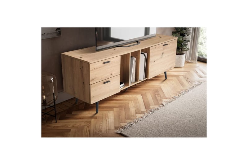 Lavbord Wohnling moderne spånplade, 2 skuffer, 1 dør, opbevaringsbakker, metalben, moderne stil Sort, Eg - Sort, Eg - Møbler - TV borde & mediemøbler - Mediestativ & vægbeslag
